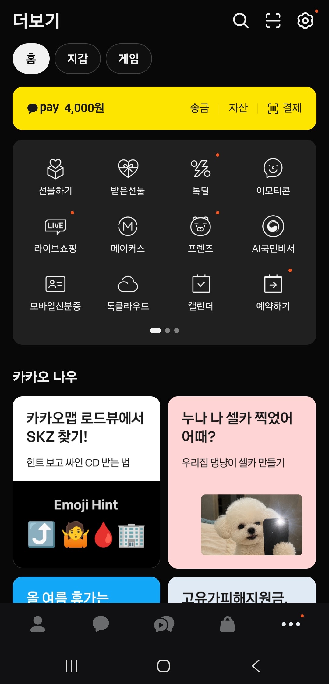 카카오톡 더보기 화면에서 모바일신분증 메뉴 위치 예시